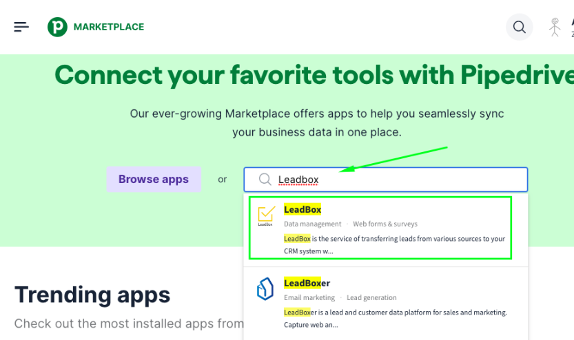 Пошук LeadBox у маркетплейсі Pipedrive